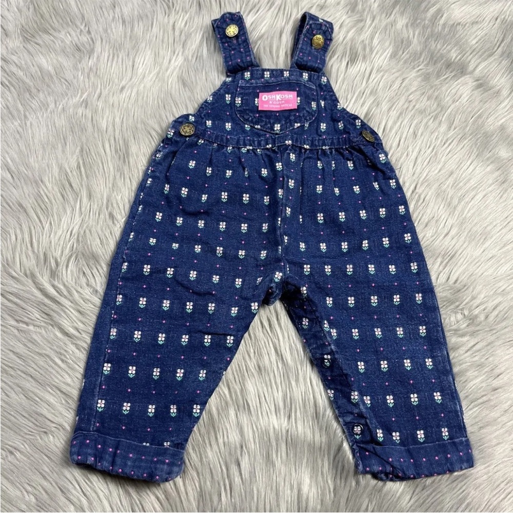 Vintage Oshkosh Bgosh Baby Girls Denim Blue White Pink Floral Overalls